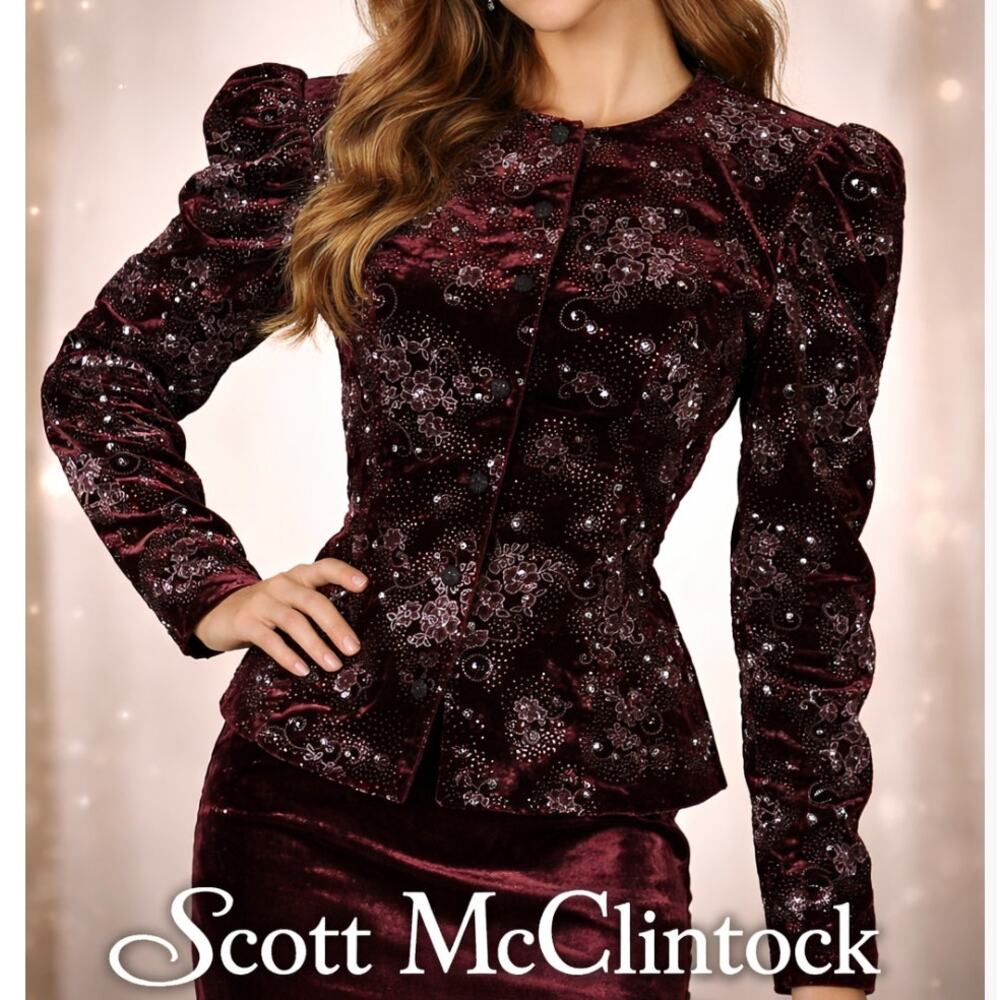 Scott McClintock Velvet Beaded Jacket Size 4 Y2K Burgundy Vintage USA Romantic
